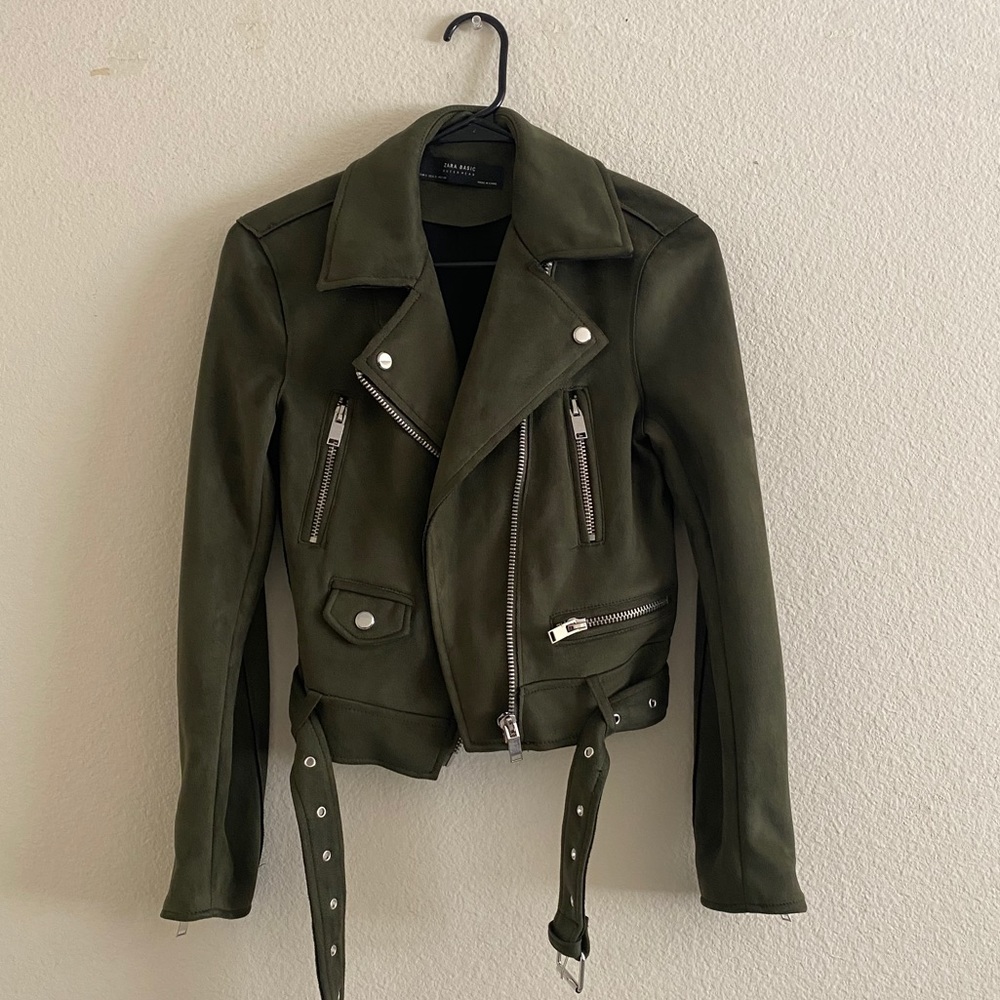 NWOT Army Green Suede Zara Moto Jacket